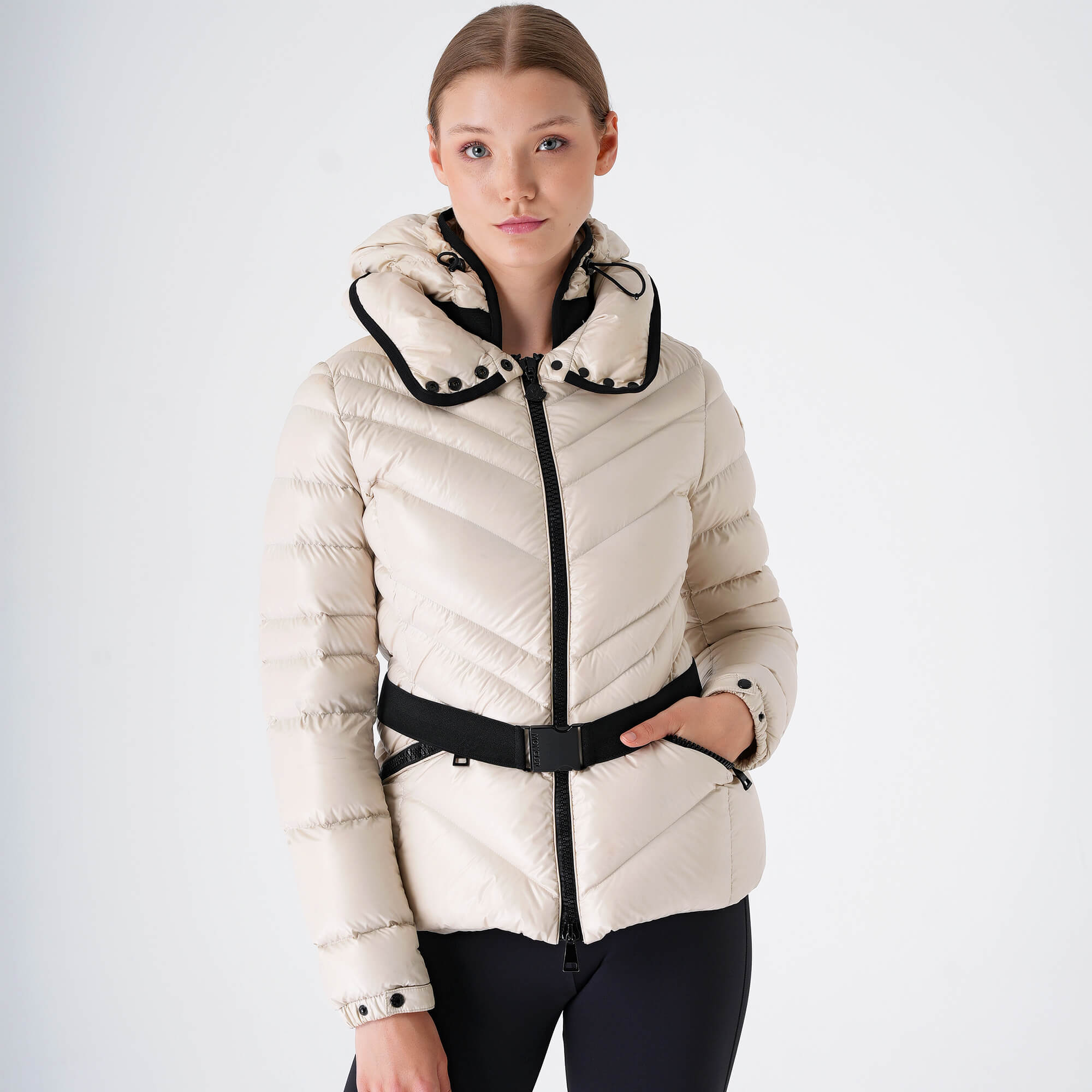 Moncler - Cream Chevron Nylon Hoodie Puffer Caot